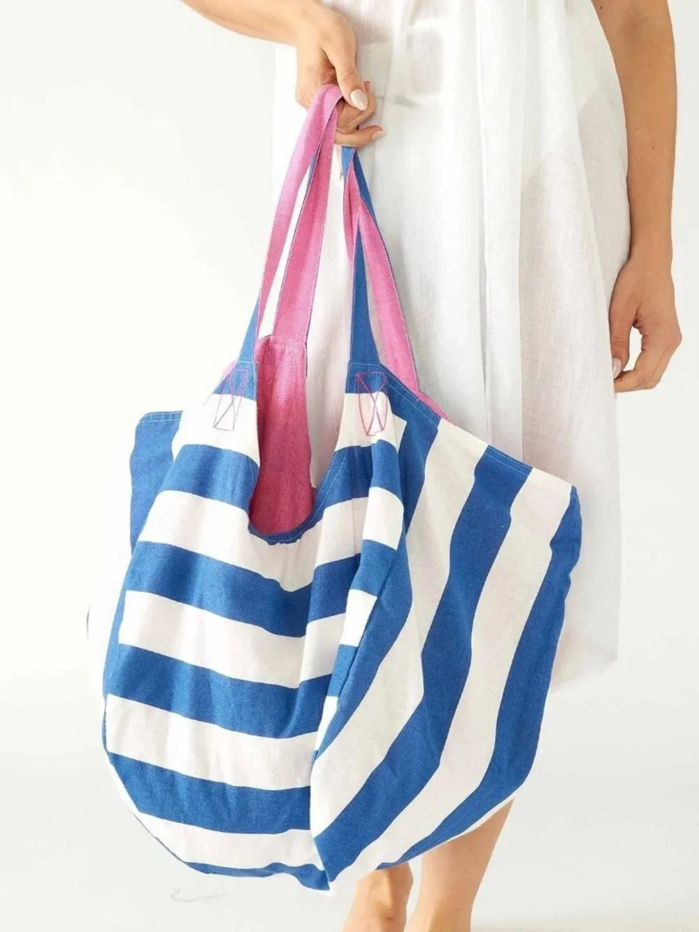 Mersea Gemini Reversible Beach Bag Tote - Blue / White Stripe & Pink